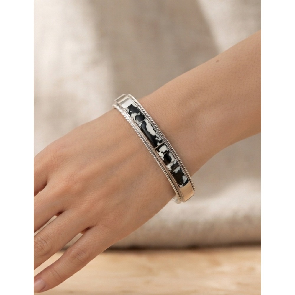 Navajo White Horse Stone Inlay Cuff Bracelet Sterling Silver Inlay Size 6.5in